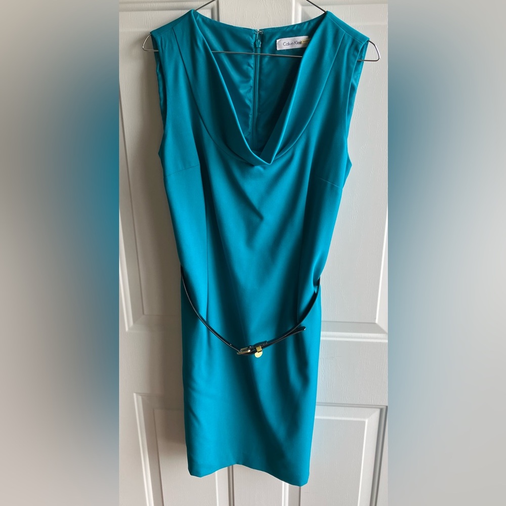 Calvin Klein Teal Sleeveless Dress with Black Belt